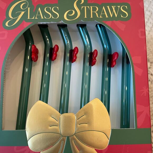 Red Bow Green Glass Straws Set of 6 Christmas Holiday New - Picture 14 of 14